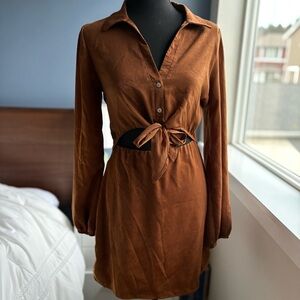Le Lis Brown Long Sleeve Mini Shirt Dress w Cutout Tie-Front Waist